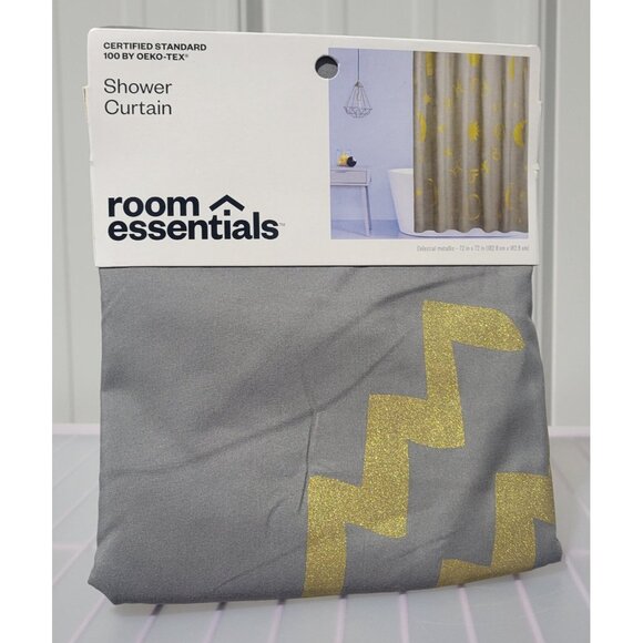 Room Essentials Gray & Gold Celestial Print 100% Poly Shower Curtain 72" x 72" - Picture 2 of 7